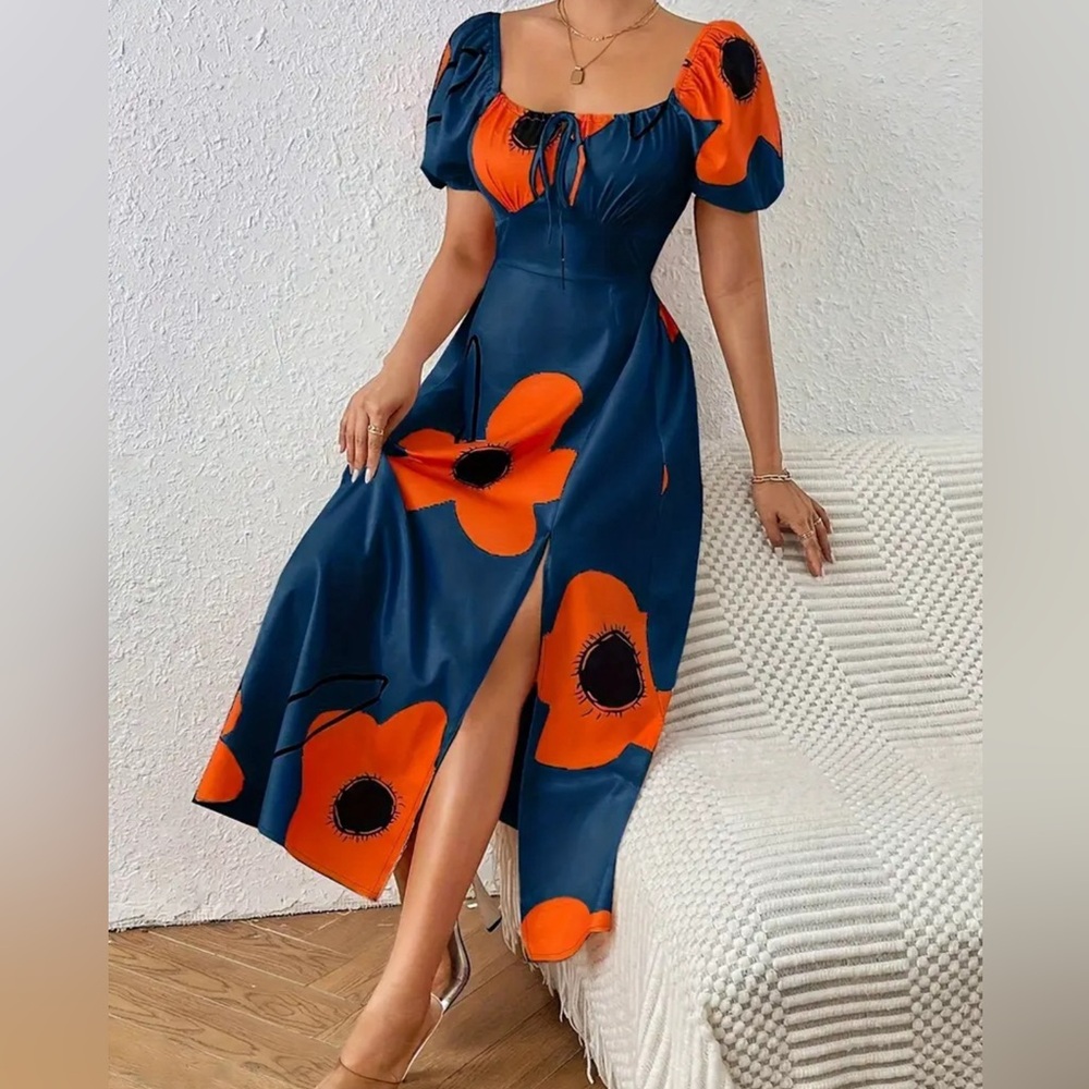 Floral Knot Dress with Navy Blue Accents